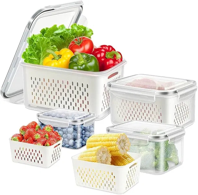 Aarij Mart Fridge Storage Containers with Airtight Lid & Drain Basket, Pack of 4