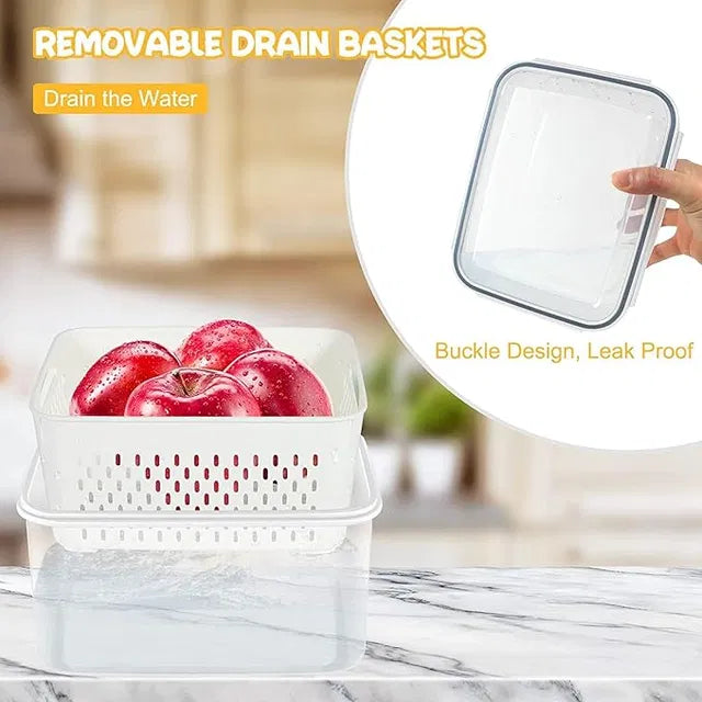Aarij Mart Fridge Storage Containers with Airtight Lid & Drain Basket, Pack of 4