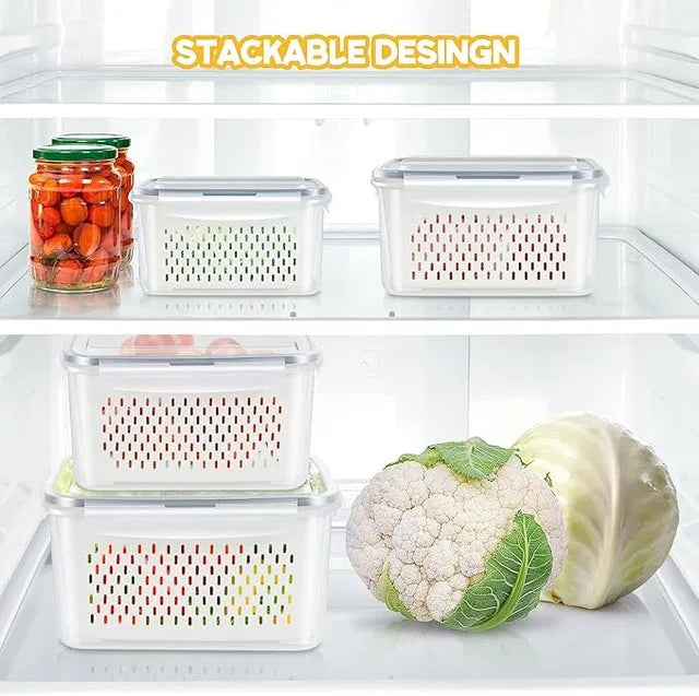 Aarij Mart Fridge Storage Containers with Airtight Lid & Drain Basket, Pack of 4