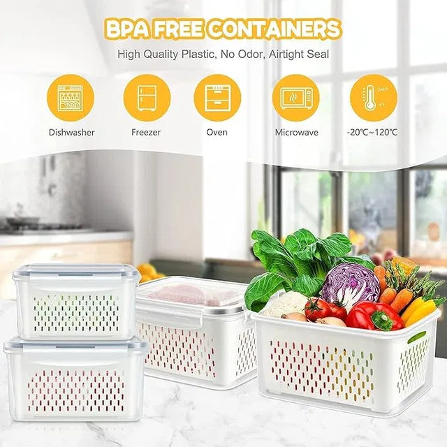 Aarij Mart Fridge Storage Containers with Airtight Lid & Drain Basket, Pack of 4