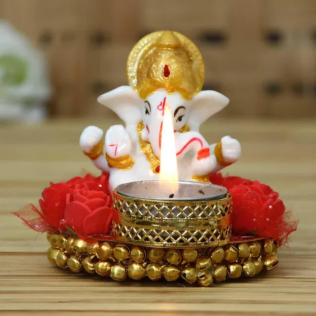 eCraftIndia Lord Ganesha Idol with Decorative Plate & Tea Light Holder