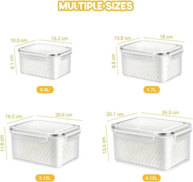 Aarij Mart Fridge Storage Containers with Airtight Lid & Drain Basket, Pack of 4