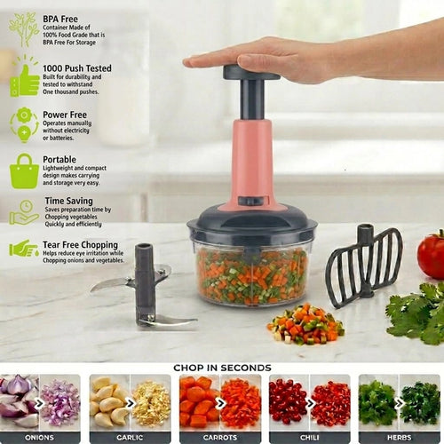 Aarij Mart 650ml Manual Push Vegetable Chopper with 3-Tier Steel Blades