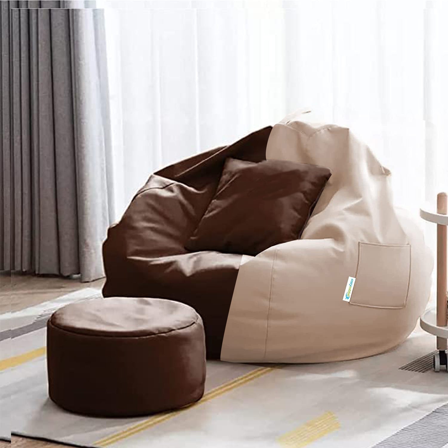 Cozy Rabbit 3-Piece Filled Bean Bag Combo with Footrest & Cushion in Cream & Brown