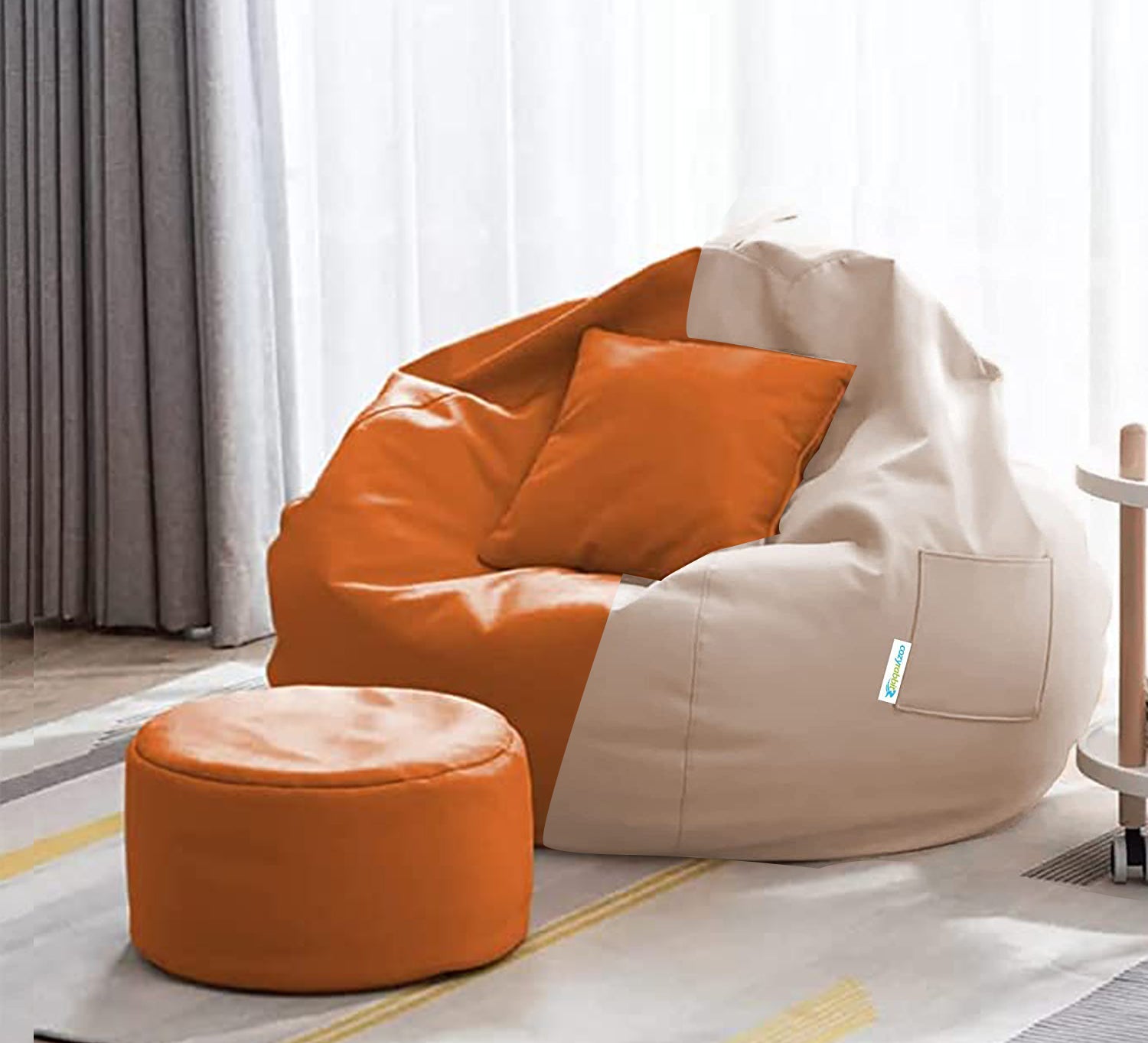Cozy Rabbit 3-Piece Filled Bean Bag Combo with Footrest & Cushion in Cream & Orange