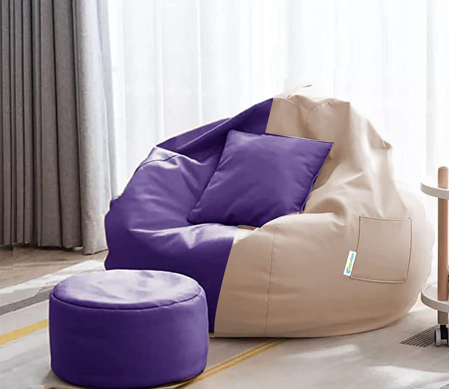 Cozy Rabbit 3-Piece Filled Bean Bag Combo with Footrest & Cushion in Cream & Purple