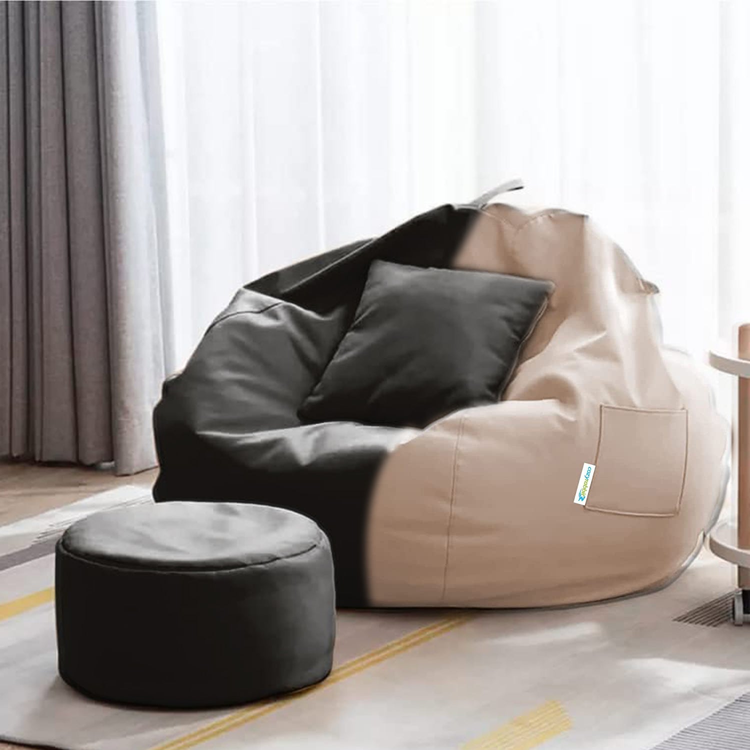 Cozy Rabbit 3-Piece Filled Bean Bag Combo with Footrest & Cushion in Cream Black