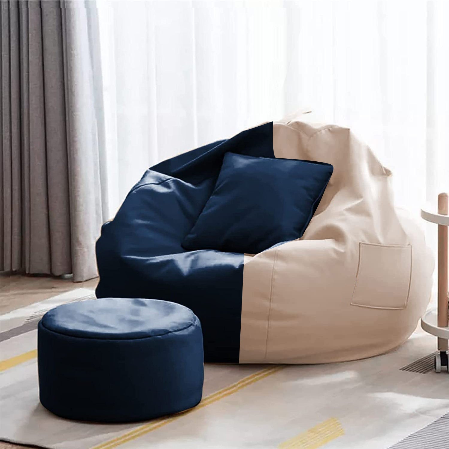 Cozy Rabbit 3-Piece Filled Bean Bag Combo with Footrest & Cushion in Navy & Cream