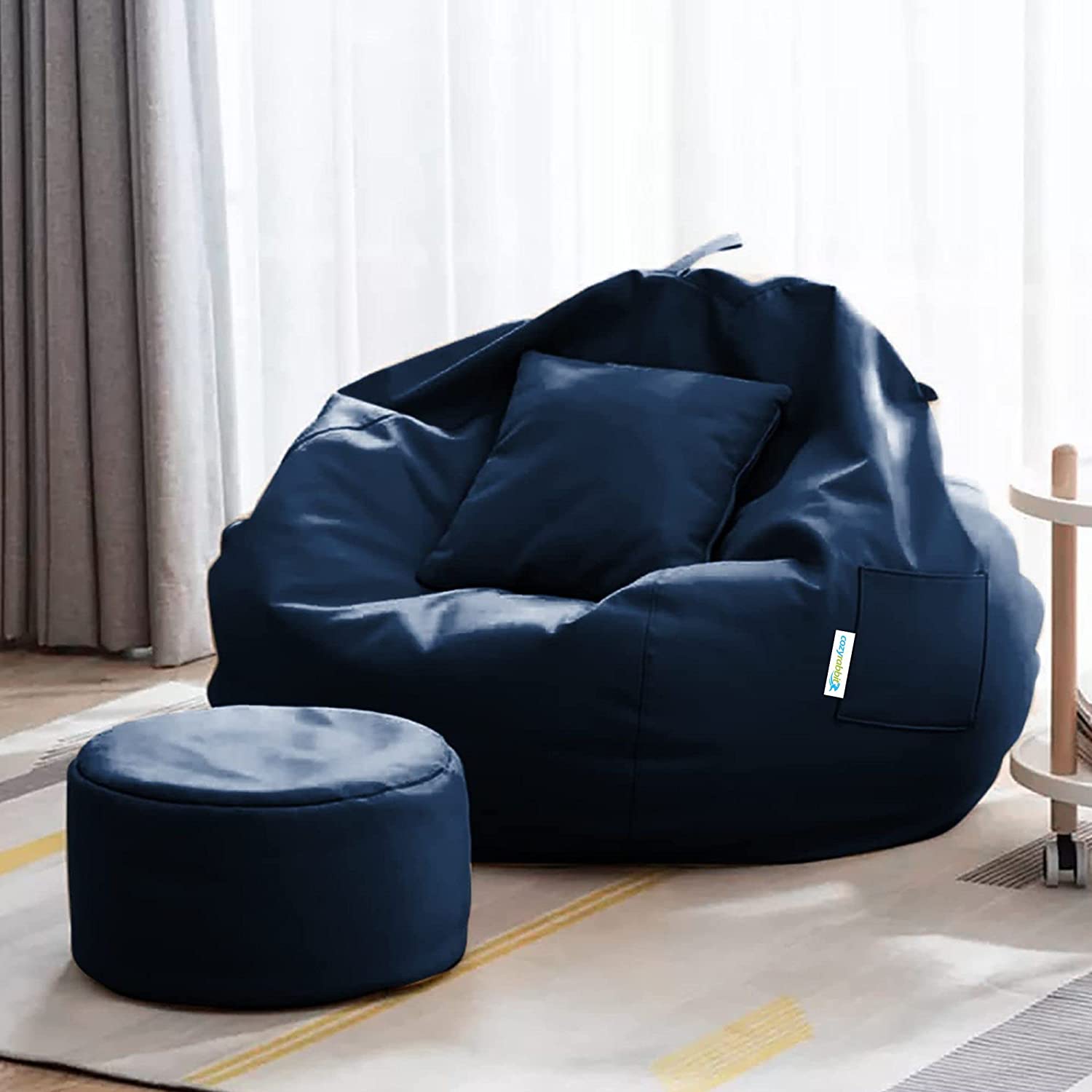 Cozy Rabbit 3-Piece Filled Bean Bag Combo with Footrest & Cushion in Navy Blue