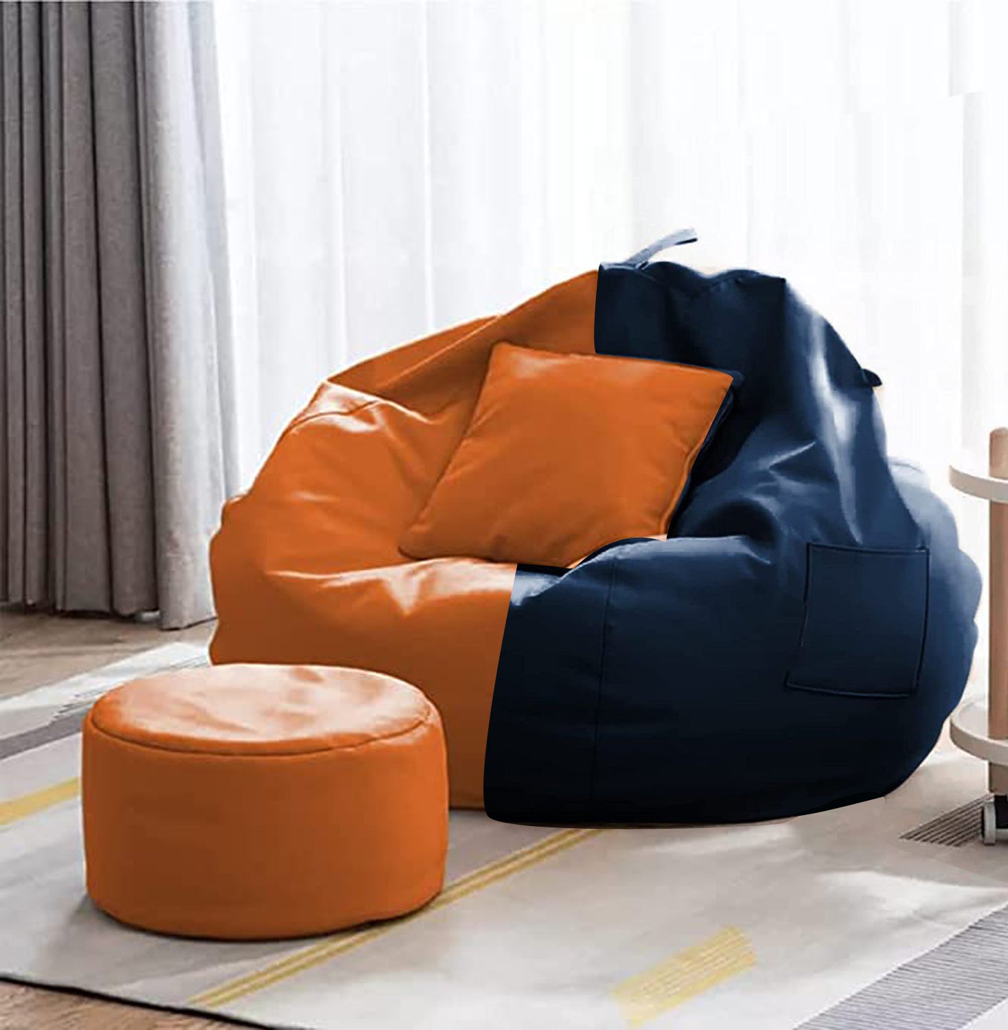 Cozy Rabbit 3-Piece Filled Bean Bag Combo with Footrest & Cushion in Orange & Navy