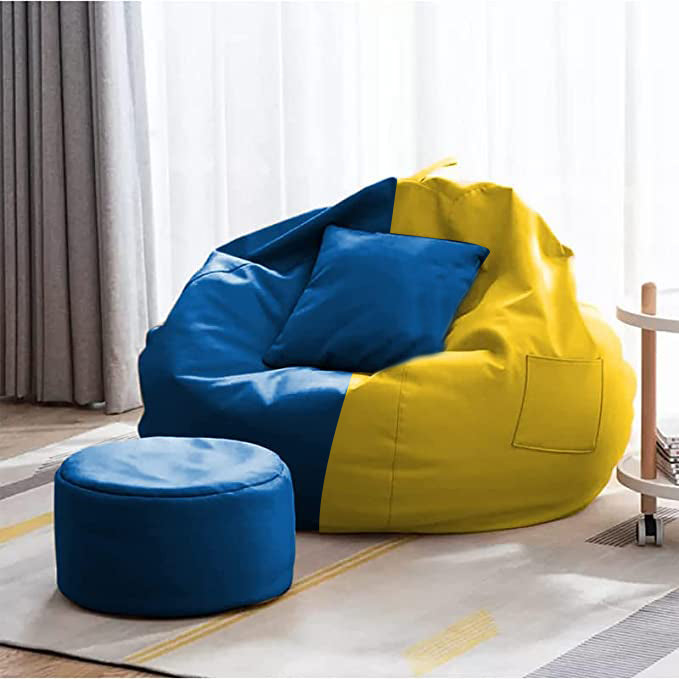 Cozy Rabbit 3-Piece Filled Bean Bag Combo with Footrest & Cushion in Yellow & Blue